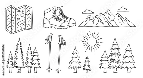 Hiking trekking outdoor adventure travel icons.
