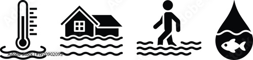 Set of flood and water level warning icons including thermometer, house in water, person wading, and droplet with fish, representing climate and disaster concept