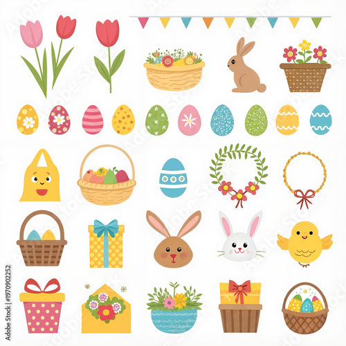 Colorful Easter-themed illustrations with flowers, eggs, and animals  