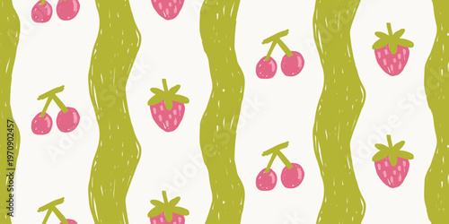 Wavy green stripes seamless pattern with strawberry and cherry fruits hand drawn organic food vector