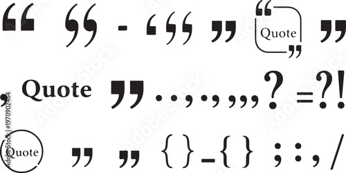 A collection of black vector punctuation marks, including quotation marks, question marks, and quote bubble frames for typography and layout design.