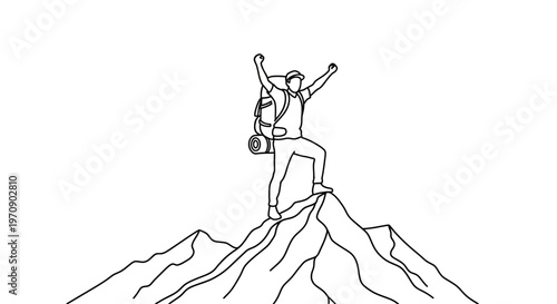 Man standing on mountain peak triumphantly.
