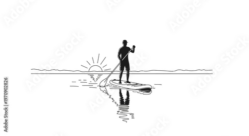 Man standing on paddle board water.