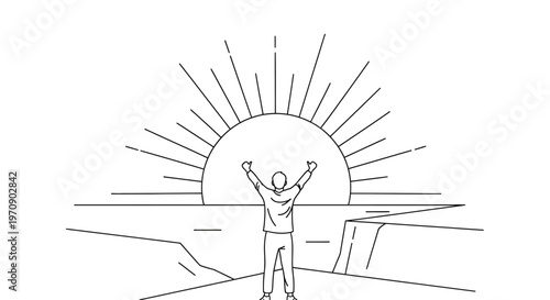 Man standing with arms raised high.