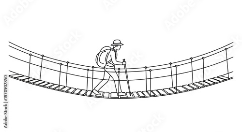Man walking on suspension bridge alone.