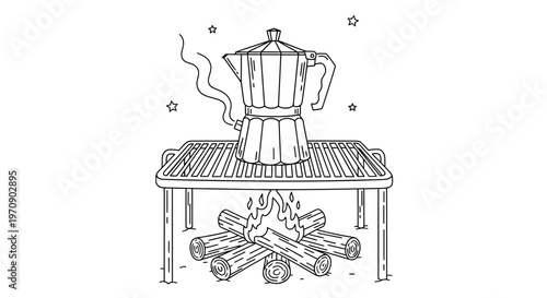 Moka pot on wooden table outdoors.