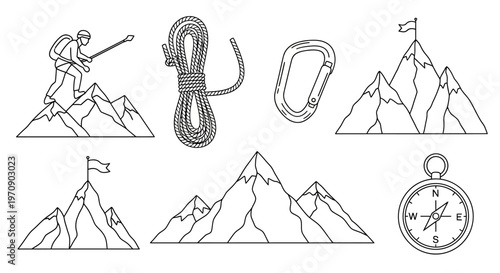 Mountain climbing adventure expedition icons set.