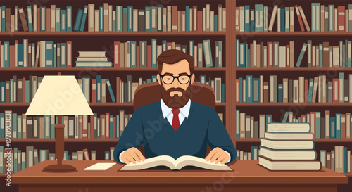 Bearded man wearing glasses reading a book in a library at a desk with a lamp and many bookshelves in the background.