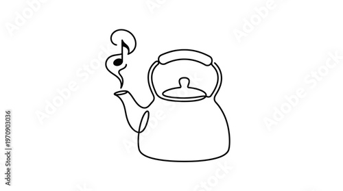 Whistling Kettle Single Continuous Line Drawing with Musical Note Minimalist Monoline Vector Illustration