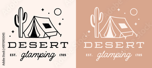 Desert glamping resort western camping girls trip night retreat glam summer camp tent logo sticker shirt design. Retro vintage boho chic cactus aesthetic luxury theme black drawing beige poster print.