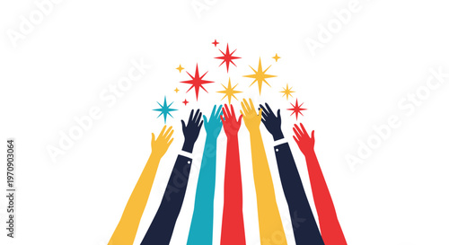Group of diverse hands reaching upwards towards bright stars against a white background representing unity, hope, and collective success.