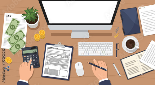 Overhead view of an organized desk with a computer, tax forms, money, coffee, and hands using a calculator for financial planning and analysis.