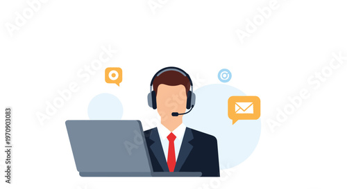 Professional male customer service representative wearing a headset and working at a laptop with communication icons in the blue background.