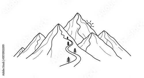 Mountain range with winding road.