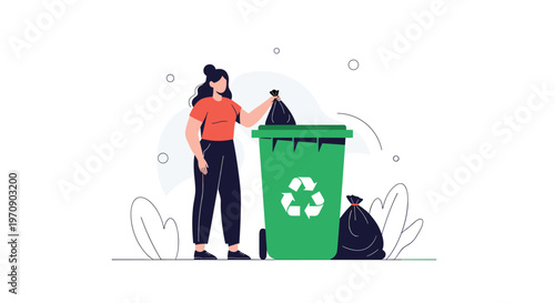 Young woman disposing of domestic waste into a green recycling bin to promote environmental protection and sustainable living habits.