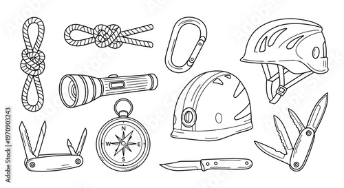 Outdoor adventure gear and tools collection.