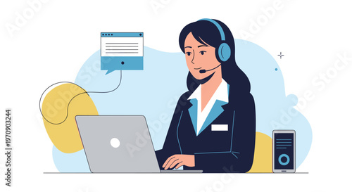 Friendly female customer support agent wearing a headset and working on her laptop to provide assistance and technical service to clients.