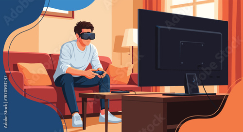 Young man using a virtual reality headset and controller while playing immersive games on a television screen in a living room.