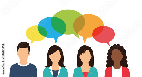 Diverse group of people with colorful overlapping speech bubbles representing social communication, teamwork, and sharing of creative ideas.