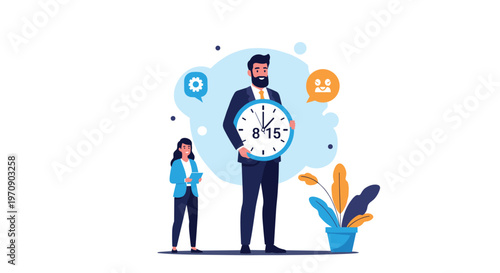 Conceptual illustration of a large man holding a big clock while a woman stands nearby representing time management and scheduling tasks.