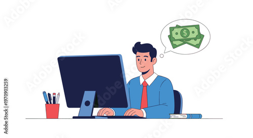 Professional man working at his office computer while thinking about financial profit and earning money for his future projects.