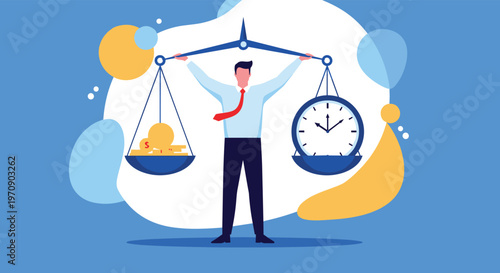 Professional businessman balancing time and money on a scale to illustrate the concept of work life balance and financial management.