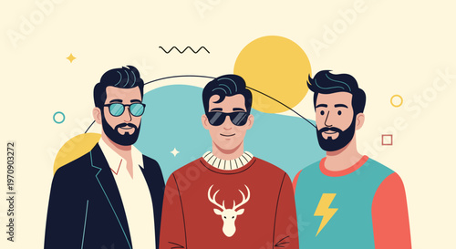 Portrait of three stylish men wearing sunglasses and showcasing various trendy beard styles and modern casual fashion outfits.
