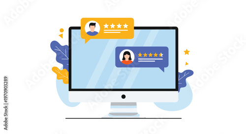 Desktop computer screen displaying positive customer testimonials and five star ratings for a successful business or service online.