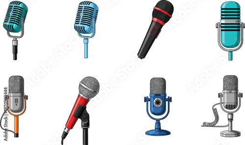 Vintage and Modern Microphone Collection Set with Studio Podcast Broadcast and Handheld Audio Recording Equipment Vector Illustration