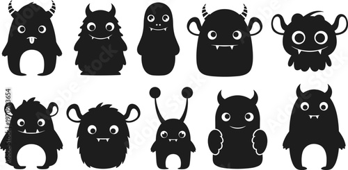 Cute monster silhouette vector collection with adorable little beast characters and friendly alien creatures for kids mascot design, 15 to 20 words.