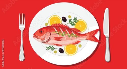 Whole cooked red fish served on a white plate garnished with lemon slices, olives, and fresh herbs against a vibrant red background.