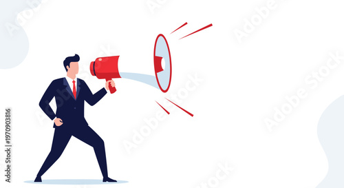 Businessman shouting through a red megaphone representing marketing announcements public speaking and advertising.