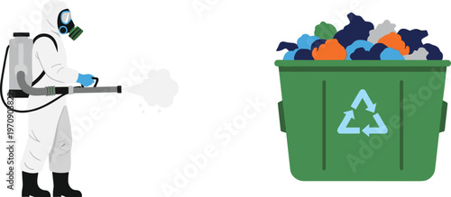 Waste Disinfection and Recycling Process with Hazmat Worker Spraying Sanitizer and Environmental Cleanup Concept Vector Illustration