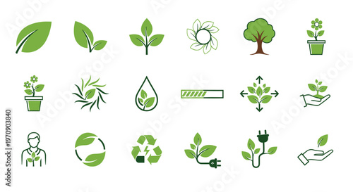 Nature and environmental conservation icons featuring leaves trees recycling symbols and green energy concepts.