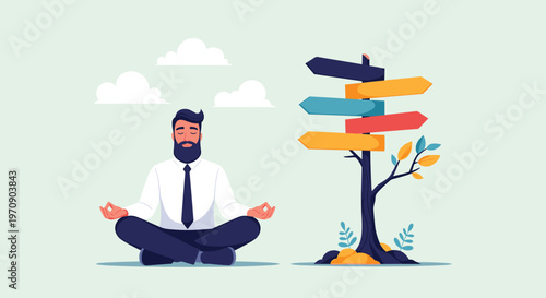 Mindfulness and decision making concept with a man meditating in lotus pose next to a multi directional signpost.