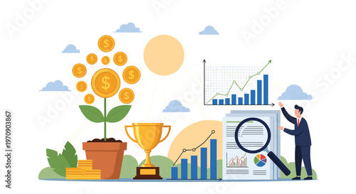 Financial investment and wealth growth concept with a money tree trophy charts and a man using a magnifying glass.