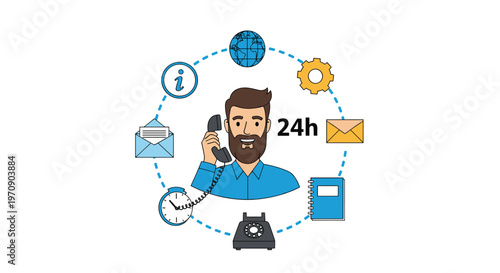 Customer support and 24h service concept featuring a man on a telephone surrounded by communication icons.