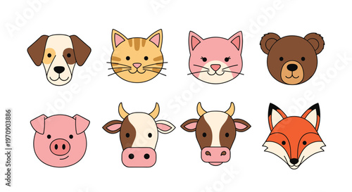 Set of cute animal face icons including domestic pets like cats and dogs along with farm animals and wild species.