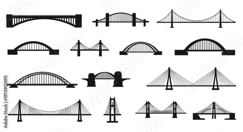 Collection of architectural bridge silhouettes featuring suspension arch and cable stayed engineering designs.