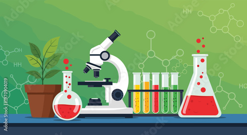 Science and biotechnology research scene featuring a microscope, test tubes with colorful liquids, flasks, and a potted green plant.