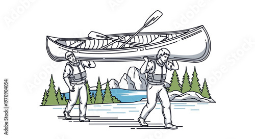 Two men carrying a canoe.