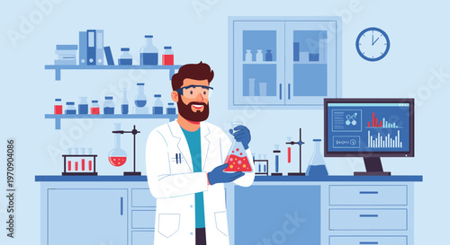 Experienced male scientist holding a flask in a modern laboratory equipped with chemical bottles, a microscope, and data analysis screen.