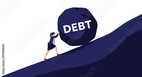 Determined woman pushing a massive dark boulder labeled debt up a steep incline to represent financial struggle and perseverance.