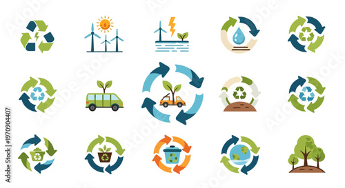 Eco-Friendly and Renewable Energy Icons Set: Recycling, Green Technology, and Environmental Protection