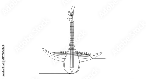Sitar Musical Instrument Line Drawing - Indian Classical Music String Instrument