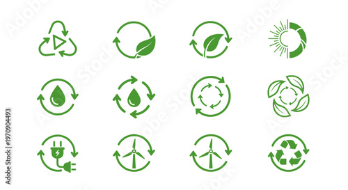 Eco-Friendly Recycling and Renewable Energy Icons Set