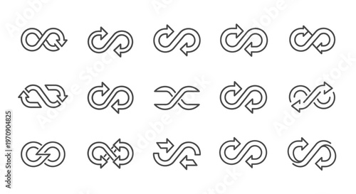 Infinity Symbol with Arrows Line Icons Set, Endless Loop and Cycle Concepts
