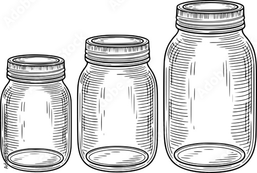 Vintage Mason Jars With Screw Lids In Varying Sizes White Background glass container