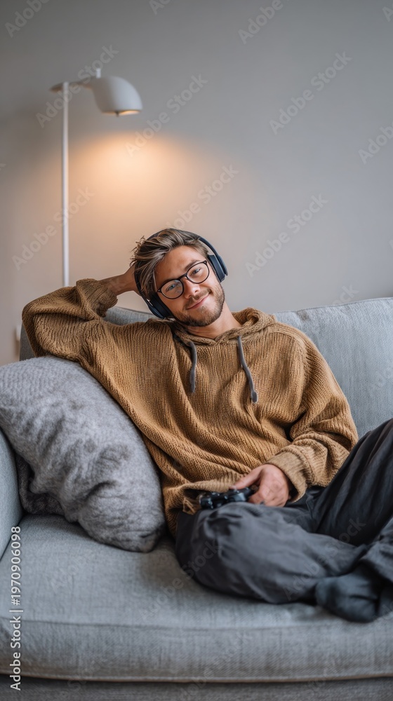 Obraz premium Young male gamer relaxing on couch, wearing headphones and playing video game with handheld controller