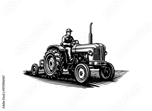 Vintage Farmer Operating Classic Tractor in Field